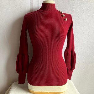 Burgundy Stretchy Acrylic Blend Turtleneck Bishop Sleeve Sweater